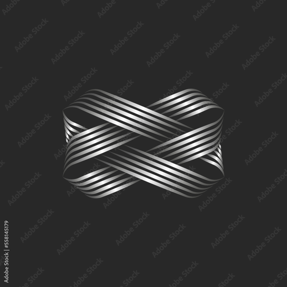 Knot pattern logo of metal stripes as a piece of jewelry, weaving many parallel silver lines in the shape of a bow. - obrazy, fototapety, plakaty 