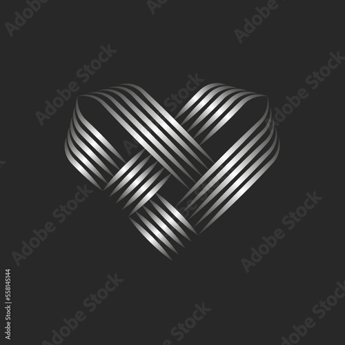 Abstract heart shape logo, decorative pattern from interlacing metal parallel lines form abstract knot.