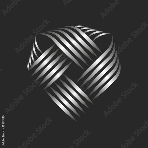 Knot logo in the shape of a diamond stone for a jewelry store or workshop, weaving thin parallel lines of silver threads.