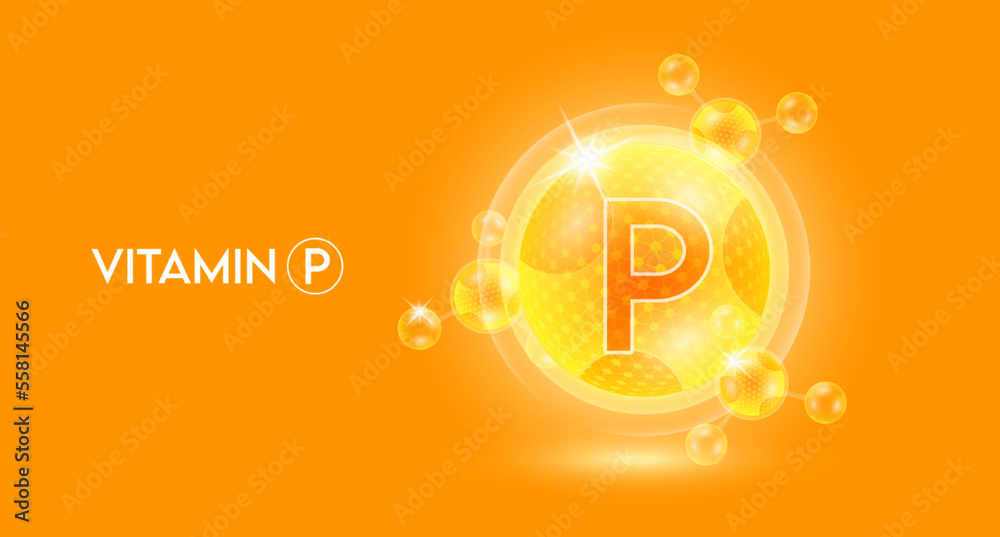 Fototapeta premium Vitamin P and bubble atom molecule collagen serum chemical formula shield protection skin. Skincare anti age nutrition supplement multivitamin complex. On orange background. 3D vector.
