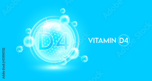 Vitamin D4 and bubble atom molecule collagen serum chemical formula shield protection skin. Skincare anti age nutrition supplement multivitamin complex. On blue background. 3D vector.