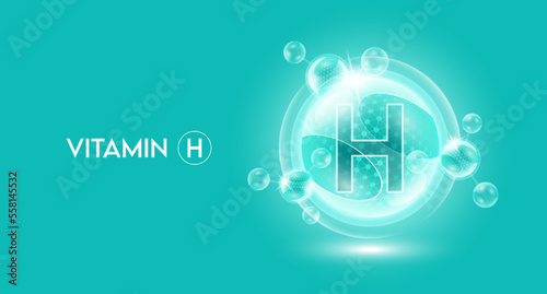 Vitamin H and bubble atom molecule collagen serum chemical formula shield protection skin. Skincare anti age nutrition supplement multivitamin complex. On blue background. 3D vector.