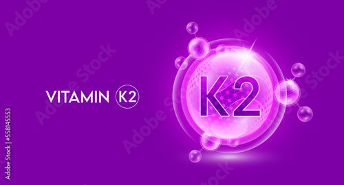 Vitamin K2 and bubble atom molecule collagen serum chemical formula shield protection skin. Skincare anti age nutrition supplement multivitamin complex. On purple background. 3D vector. photo
