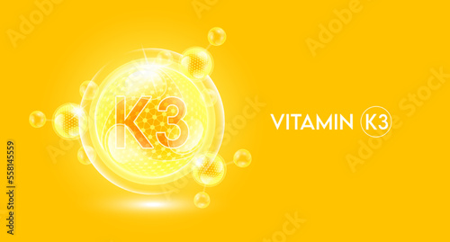 Vitamin K3 and bubble atom molecule collagen serum chemical formula shield protection skin. Skincare anti age nutrition supplement multivitamin complex. On yellow background. 3D vector.