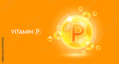 Vitamin P and bubble atom molecule collagen serum chemical formula shield protection skin. Skincare anti age nutrition supplement multivitamin complex. On orange background. 3D vector.