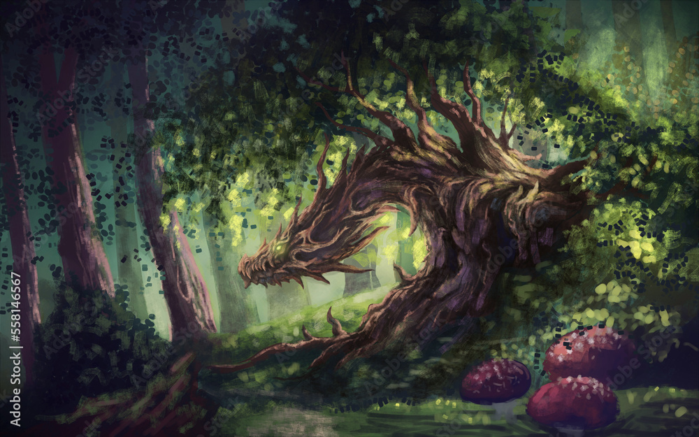 Wood dragon fantasy landscape digital illustration Stock Illustration