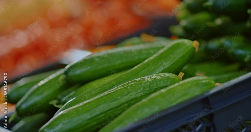 person taking cucumbers from shelf in supermarket, closeup view, shopping in grocery, 4K, Prores