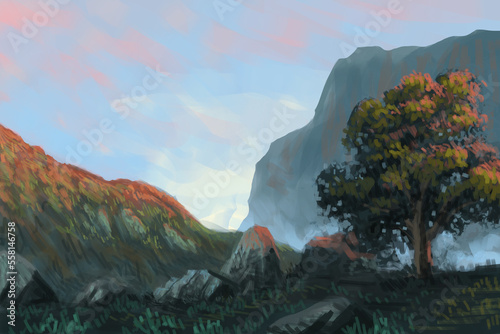 Cold beautiful landscape at dawn digital painting