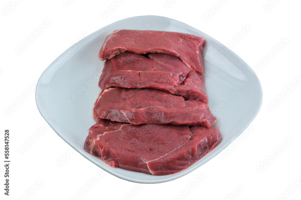 Beef steaks in plate isolated in white background. Raw meat for cooking.