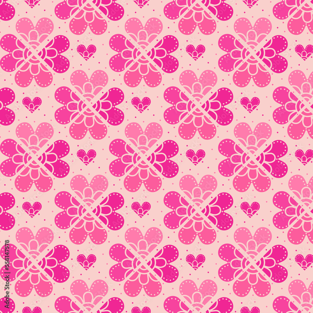 Seamless pattern with pink flowers and hearts and small dots isolated on pink. childish background