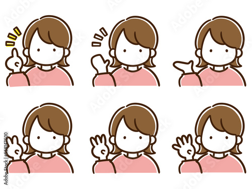色々なポーズをする若い女性のシンプルな上半身イラストセット