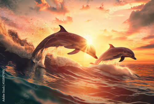 dolphins jumping in waves, seascape background with clear water and shining sunset © neirfy