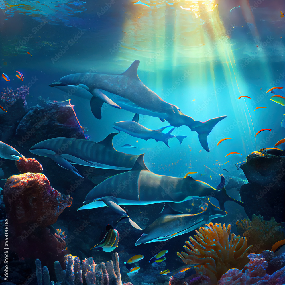 Naklejka premium dolphins underwater, seascape background with clear water and sunshine