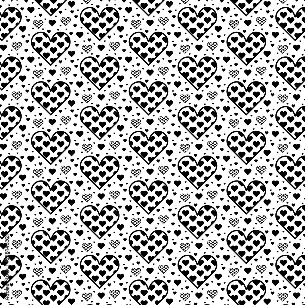Cute simple black and white seamless pattern with hearts. Great for Valentine's day, clothing, textile, wrapping paper, scrapbooking, etc.