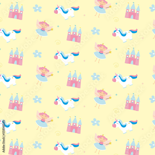 Yellow kids pattern with kingdom, unicorn, fairy