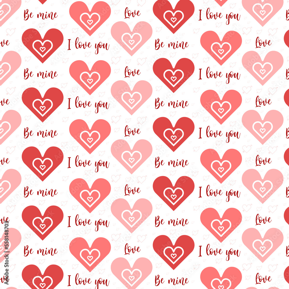 Typographic style seamless repeat pattern. Hand lettered text in pink and white, hand drawn heart in pastel pink. Valentine's Day greeting card template, poster, wrapping paper.