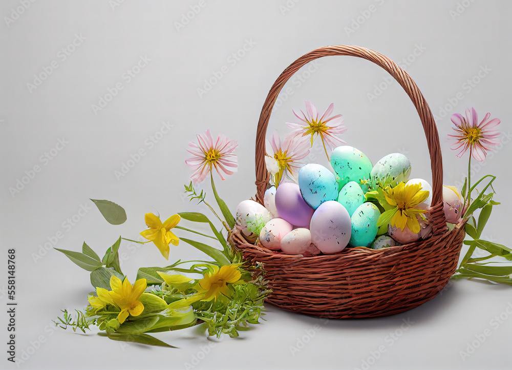Happy Easter.  Basket with easter eggs. Easter greeting background.