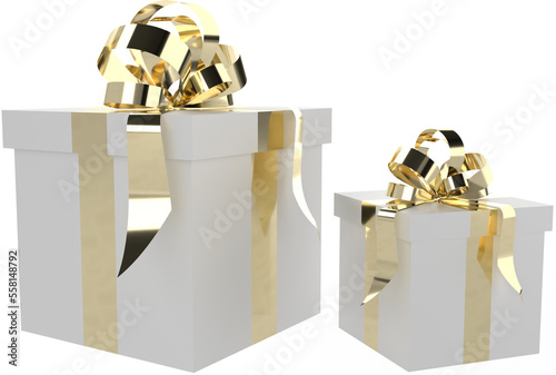 3d rendered illustration of a gift boxes with gold ribbons and bows.