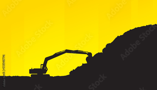 Excavator at the construction site on yellow background.Vector illustration of the industrial machinery for construction business design elements.