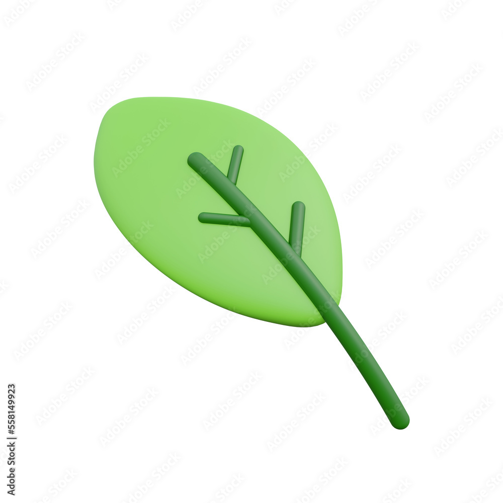 Leaf of tree and plant. Ecology, bio, and natural products concept. 3d render icon. Cartoon minimal style. 3d rendering Leaf of tree and plant. Ecology, bio, and natural products concept. 3d render icon. Cartoon minimal style. 3d rendering