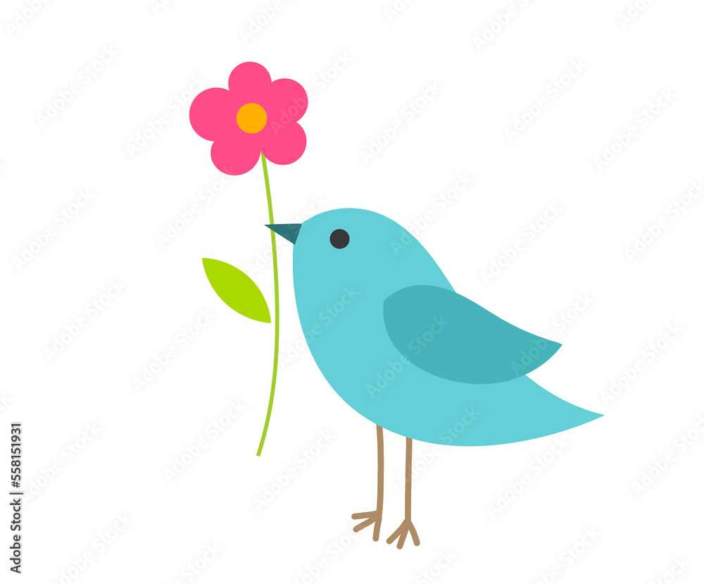 Cute blue bird with a flower. Romantic illustration.