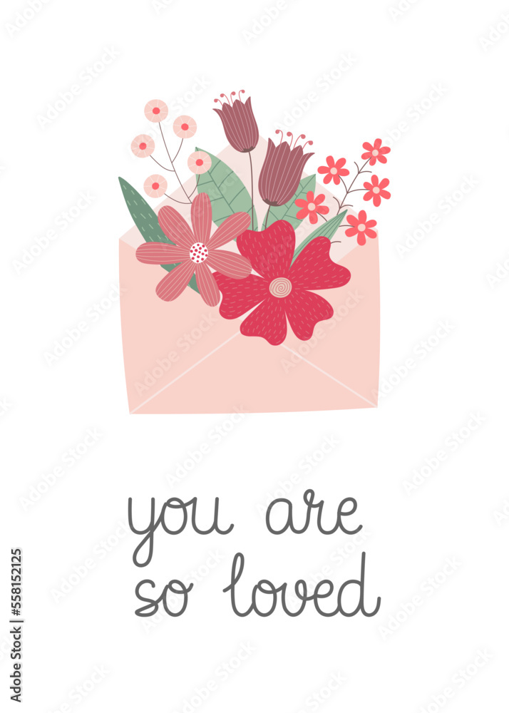 Valentine's Day greeting card. Hand drawn envelope with flowers bouquet. Template for greeting card, invitation, poster, banner, gift tag