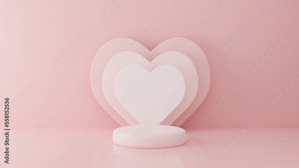 3d minimal heart podium abstract with pastel pink colour, love valentine's day, lovely product persective presentation mock up empty space.