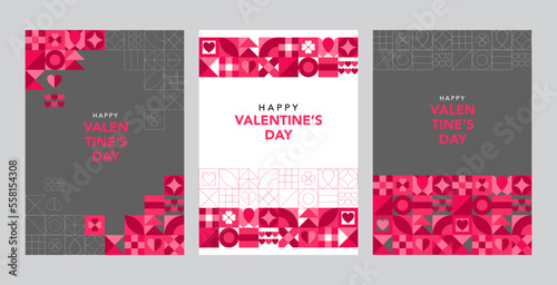 Valentine's day concept posters set. Vector illustration. Flat red and pink geometric with frame background. Cute love sale banners or greeting cards