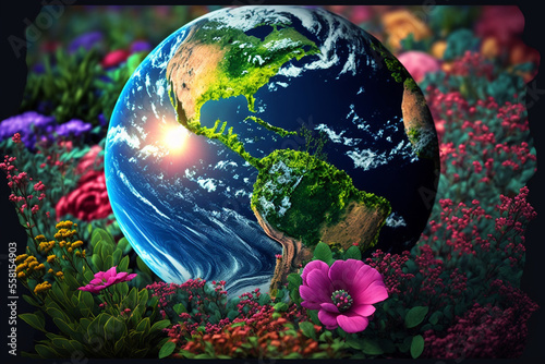 beautiful planet earth made of flowers and sprouting plants, save the planet, planet day, the world inside the globe, renew, generative ai