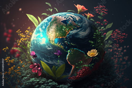 Fototapeta Naklejka Na Ścianę i Meble -  beautiful planet earth made of flowers and sprouting plants, save the planet, planet day, the world inside the globe, renew, generative ai