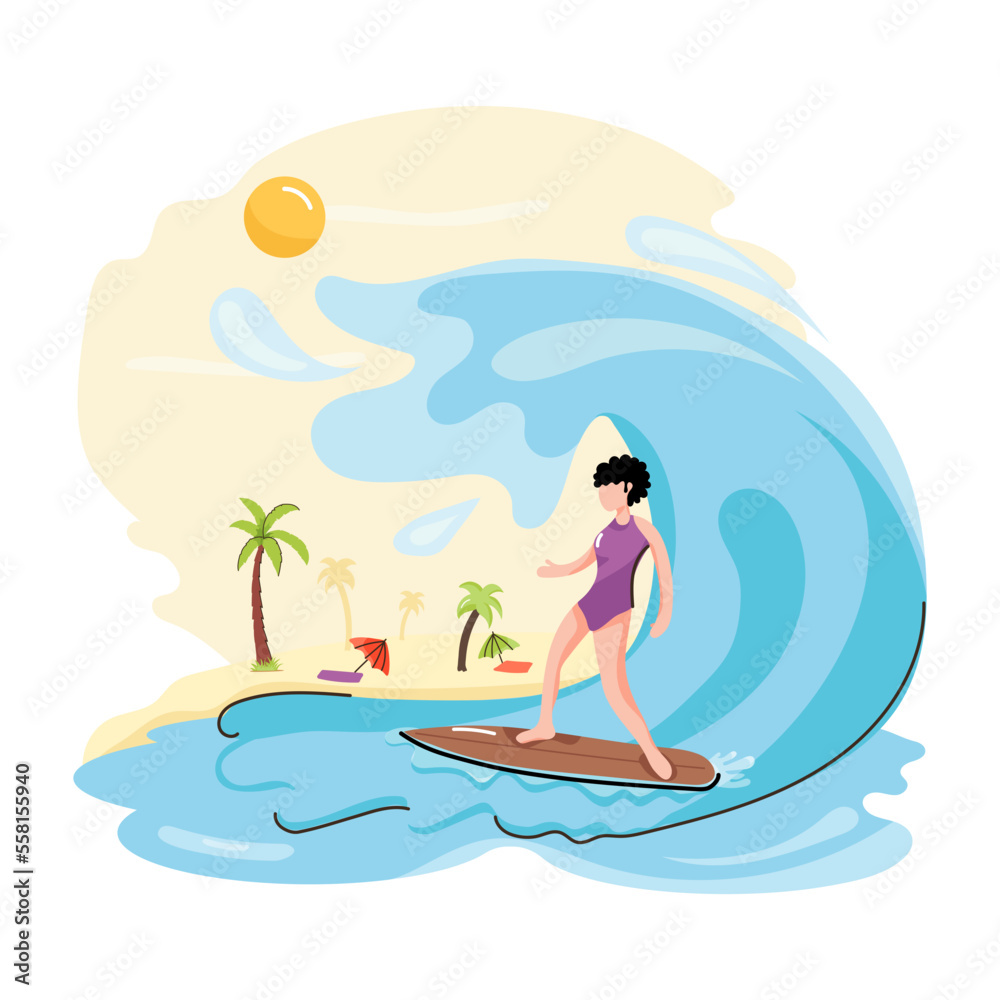 Water sports, flat illustration of surfboarding 