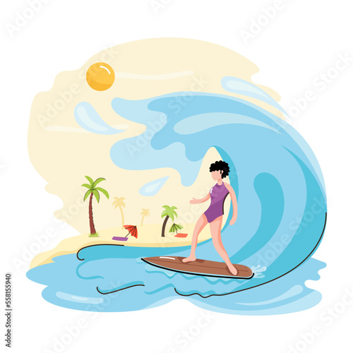 Water sports, flat illustration of surfboarding 