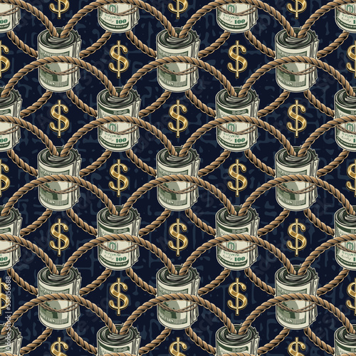 Seamless geometric pattern with dollar sign, money rolls of 100 dollars bills connected by jute rope. Intricate lace ornament on dark blue textured background.