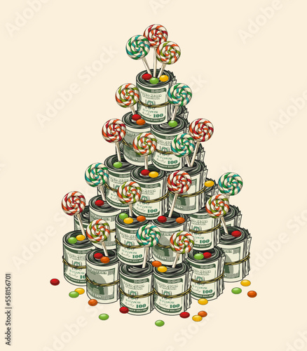 Money tower, pyramid like cake made of candy, money rolls of 100 US dollar bills. Money gift. Concept of success and wealth. Good for birthday greetings, other holidays.