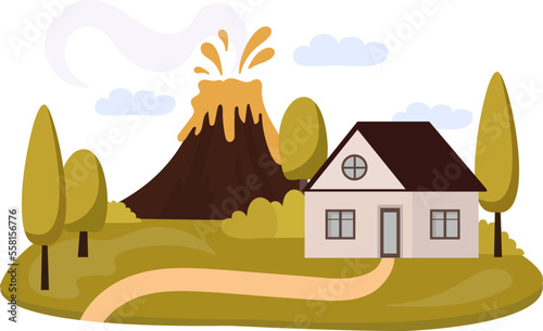 Catastrophic on countryside Volcanic eruption flat icon Natural disaster