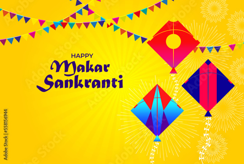 vector happy makar sankranti yellow greeting card with kites, laddo and spool of string