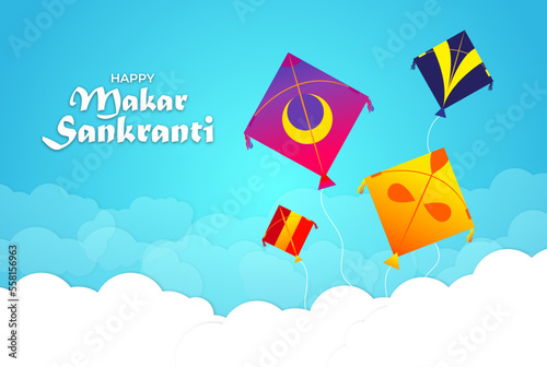 Vector happy makar sankranti background with clouds and flying kites