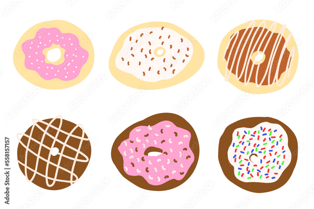 Donuts set in cartoon style. Vector illustration isolated on white background.