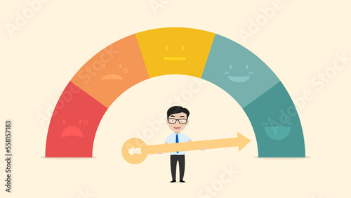 Customer choose smile emoticon for rating. Service rating, feedback, satisfaction concept. Vector illustration