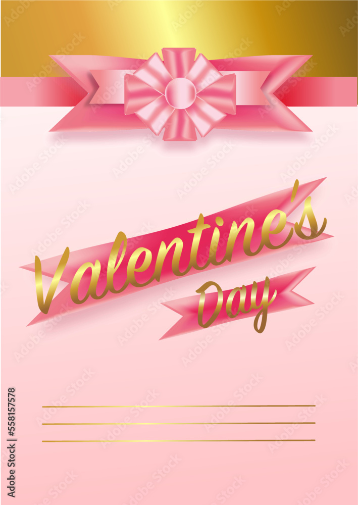 Valentine's Day card with pink bow, ribbon. The inscription is festive gold.Pink background.Place to insert