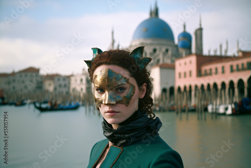 Beautiful young woman prepares for carnival, mysterious look, Venetian mask. Created with Generative AI technology.