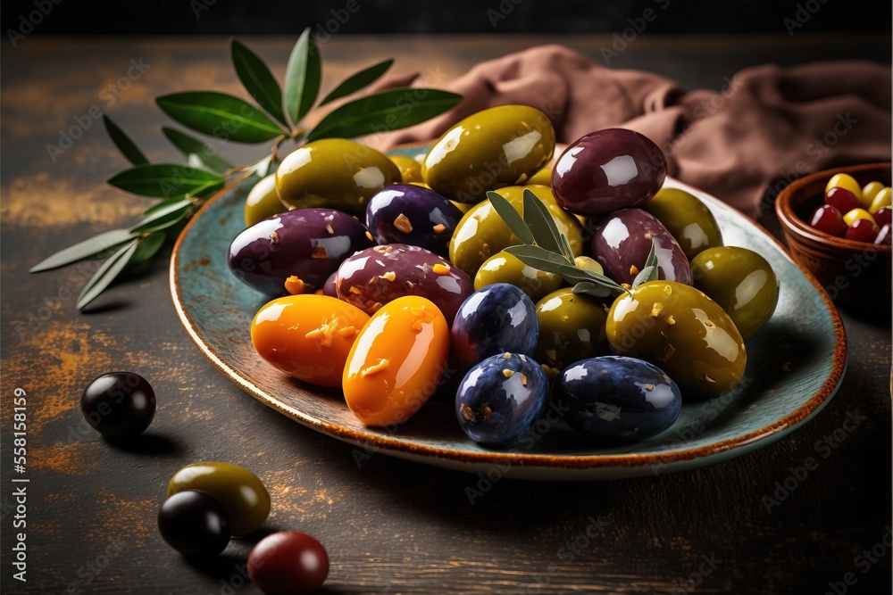 Green and black olives in a ceramic plate on wooden table Green and black olives in a ceramic plate on wooden table