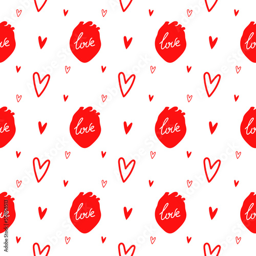 Red hearts and love lettering on white background. Seamless vector pattern with doodles and line art. Wallpaper for celebration design, banners, illustrations, templates and other graphic 