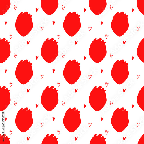 Red hearts of different sizes on white background. Seamless pattern with doodles. Vector wallpaper for celebration design, love theme, banners, illustrations and templates 