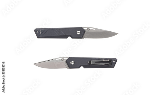 Pocket folding knife. Compact metal sharp knife with a folding blade. Gray handle and metal clip. Isolate on a white back.
