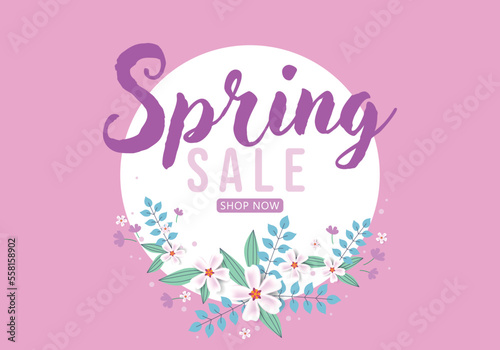 Spring sale vector background with flowers and leaves. Shop now. Promotion banner for your shop. Spring discount. Bright banner for your business. Email marketing