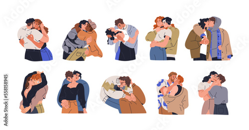 Love couple kissing in lips, neck with passion. Sensual sexual hugs of sexy men, women lovers in romantic intimate relationship set. Flat graphic vector illustrations isolated on white background