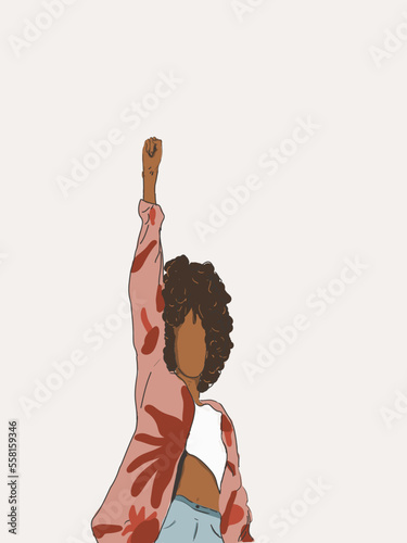 Abstract portrait of African American woman with afro hair. raised fist protests. Black lives matter. feminism. wearing flower shirt
