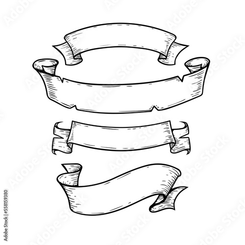 Scrolls sketch set. Vintage hand drawn banners and sketched swirl ribbons collection. Vector illustration isolated on white background.