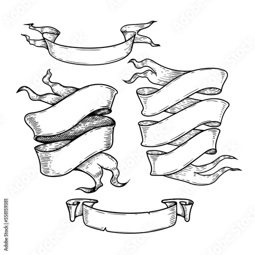 Scrolls sketch set. Vintage hand drawn banners and sketched swirl ribbons collection. Vector illustration isolated on white background.